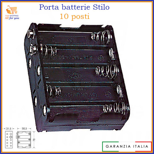 Portapile decuplo aperto per 10 pile stilo AA con connessione a bottone (snap connector), vista frontale.