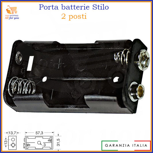 Portapile doppio per 2 pile stilo AA con connessione a bottone (snap connector), vista frontale.