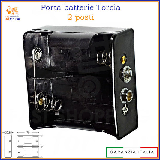 Portapile doppio per 2 pile torcia (tipo D o UM1) con connessione a bottone (snap connector), colore nero.
