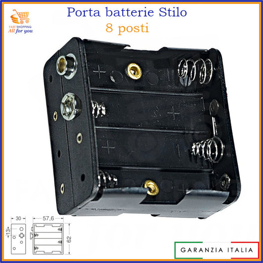 Portapile ottuplo aperto per 8 pile stilo AA con connessione a bottone (snap connector), vista frontale.