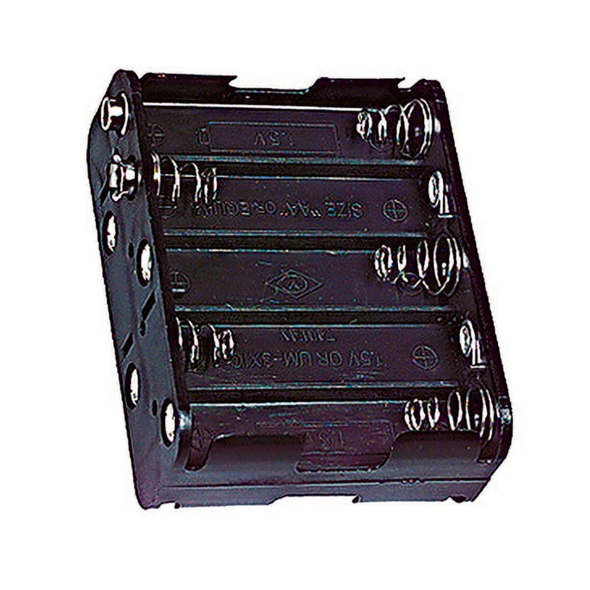 Portapile aperto in polipropilene nero per 10 pile stilo AA con clip a bottone snap connector