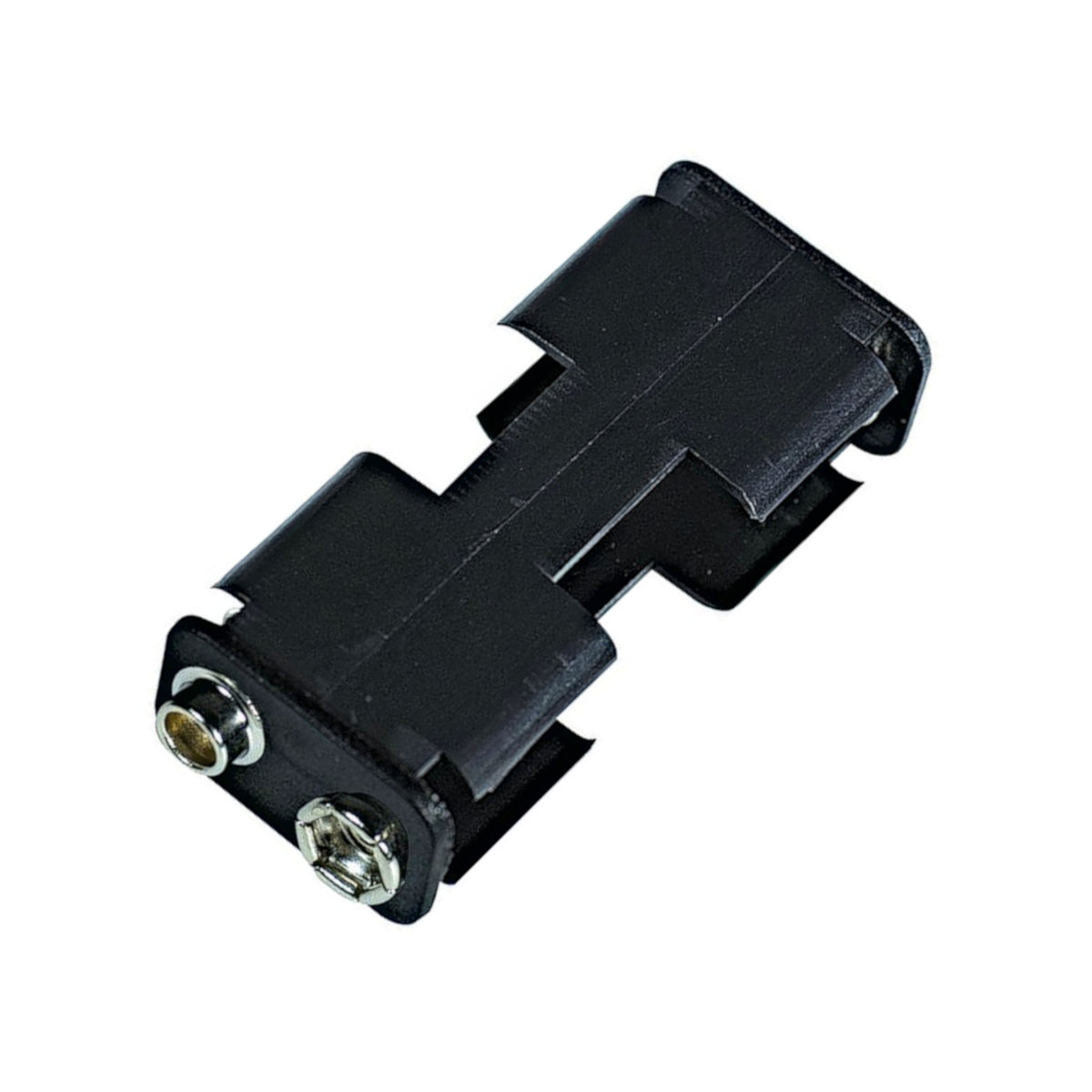Portapile aperto in polipropilene nero per 2 pile stilo AA con clip a bottone snap connector