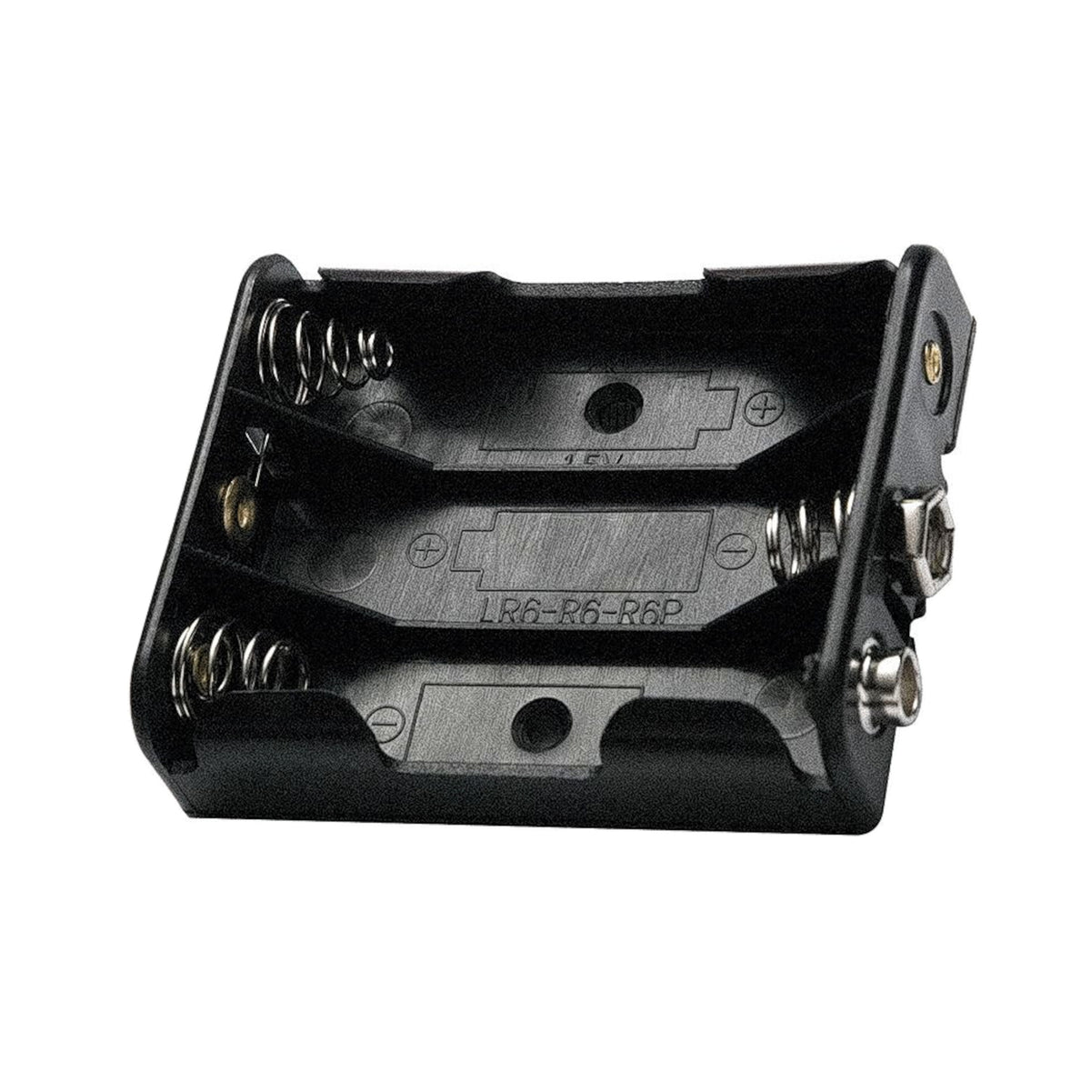 Portapile aperto in polipropilene nero per 3 pile stilo AA con clip a bottone snap connector