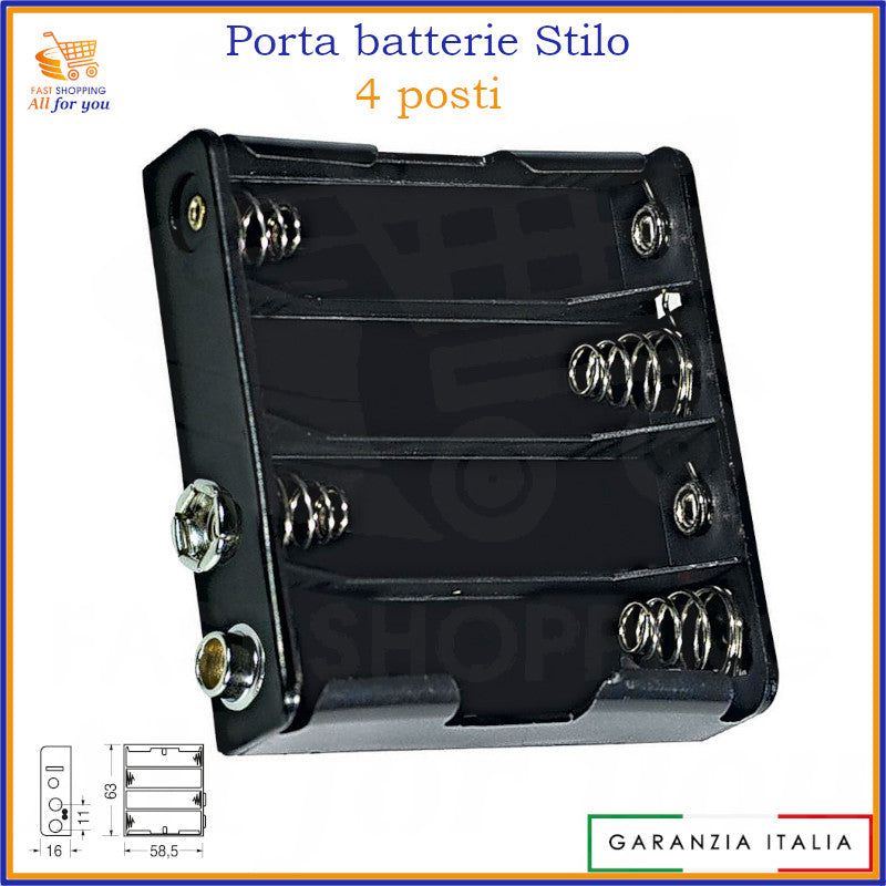 Portapile in plastica per quattro batterie stilo AA, con connettore a bottone per una connessione rapida.