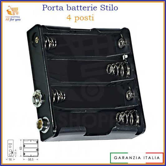 Portapile quadruplo aperto per 4 pile stilo AA con connessione a bottone (snap connector), vista frontale.