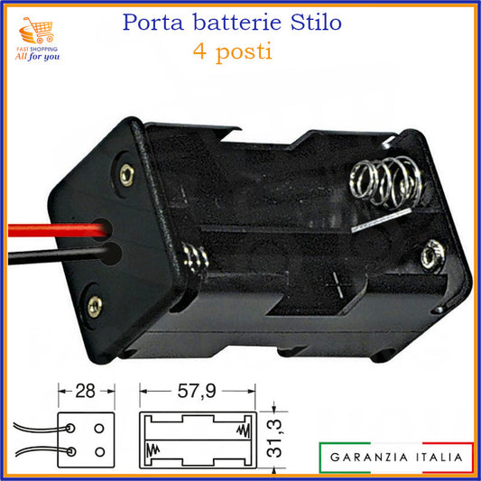 Portapile quadruplo per 4 pile stilo AA con cavetti di connessione neri e rossi, vista frontale.