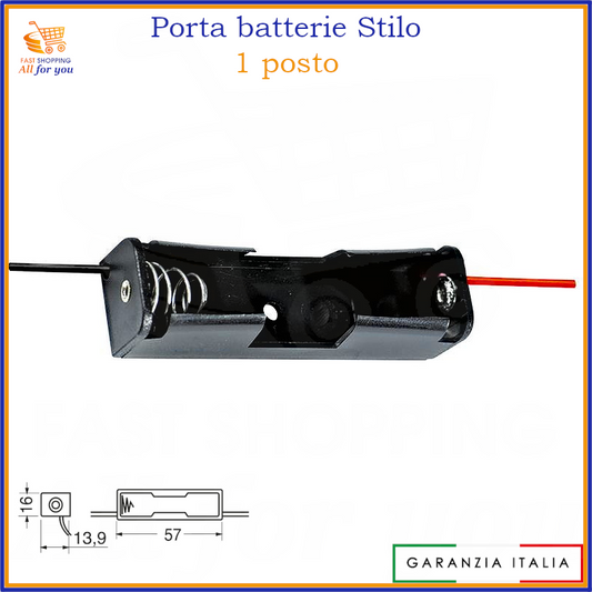Portapile singolo per 1 pila stilo AA con cavetti di connessione, vista frontale.