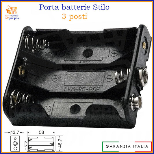 Portapile triplo per 3 pile stilo AA con connessione a bottone (snap connector), vista frontale.