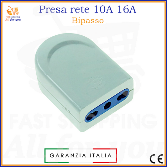 Presa elettrica bipasso volante bianca 10A/16A, con logo Garanzia Italia.