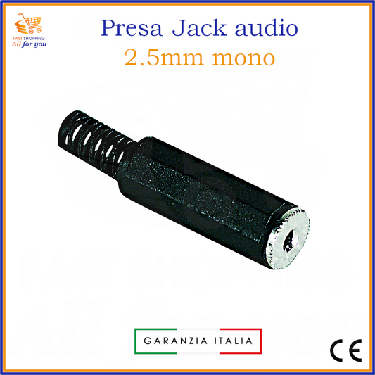Presa jack audio 2.5mm mono femmina volante con corpo in metallo e cappuccio in plastica, terminali a saldare e guidacavo.