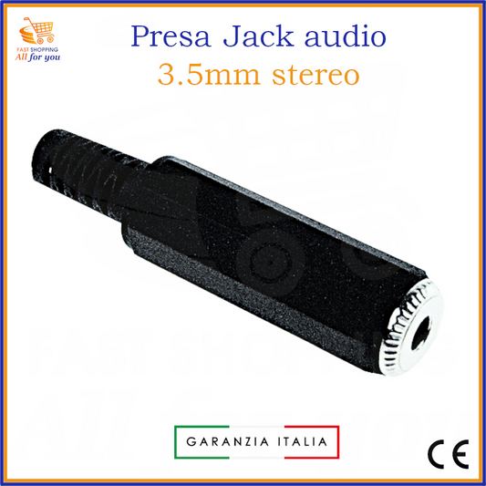 Presa jack audio 3.5mm stereo femmina volante con corpo in metallo e cappuccio in plastica, terminali a saldare e guidacavo.