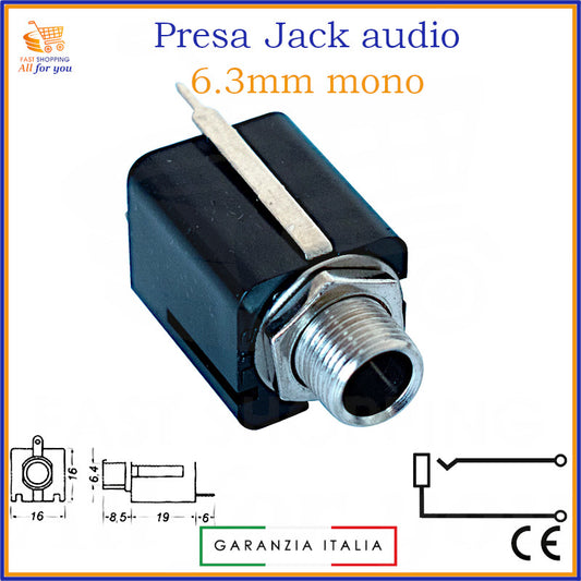 Presa jack audio 6.3mm mono femmina con corpo in metallo per fissaggio a pannello, dotata di terminali a saldare e dado di fissaggio.