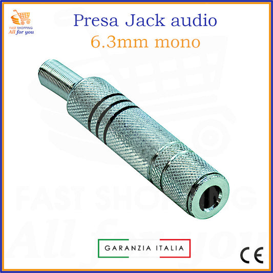 Presa jack audio 6.3mm mono femmina volante con corpo e cappuccio in metallo, terminali a saldare e guidacavo.