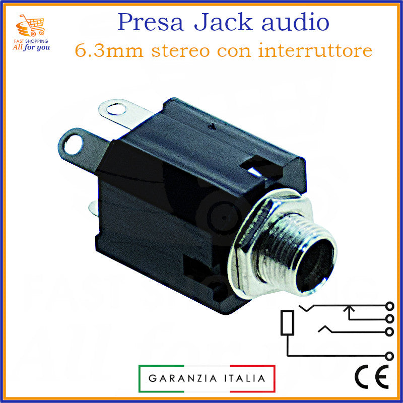 Presa jack audio 6.3mm stereo femmina per fissaggio a pannello con interruttore integrato e terminali a saldare.
