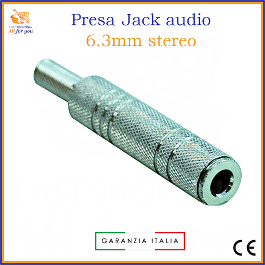 Presa jack audio 6.3mm stereo femmina volante con corpo e cappuccio in metallo, terminali a saldare e guidacavo.