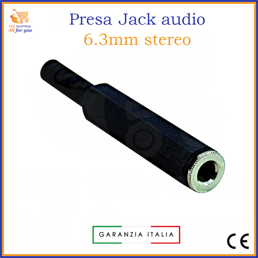 Presa jack audio 6.3mm stereo femmina volante con corpo in metallo e cappuccio in plastica, terminali a saldare e guidacavo.