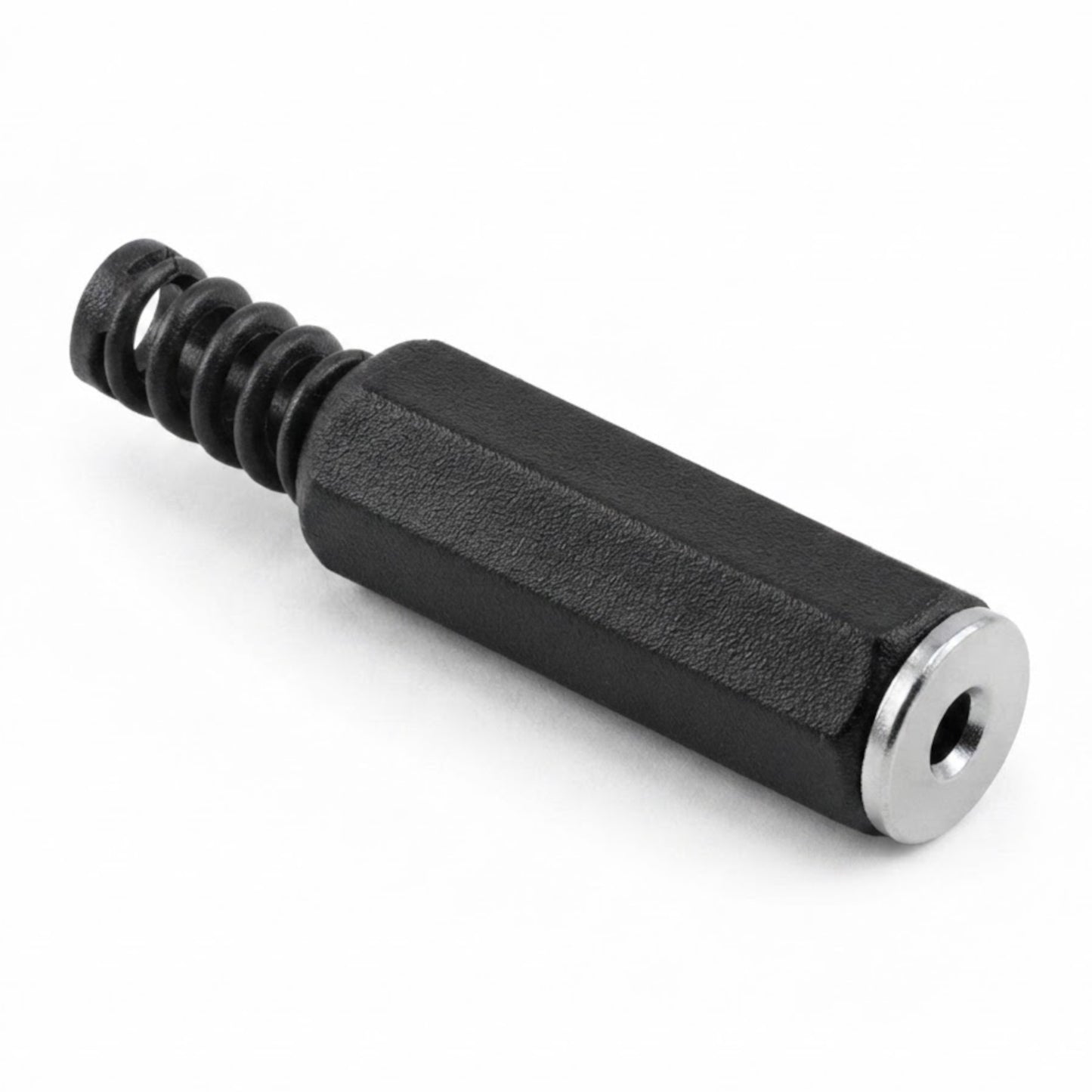 Presa jack audio mono 2.5mm femmina volante con corpo in metallo e plastica e guidacavo a molla integrato, ideale per la riparazione di cavi audio e microfoni.