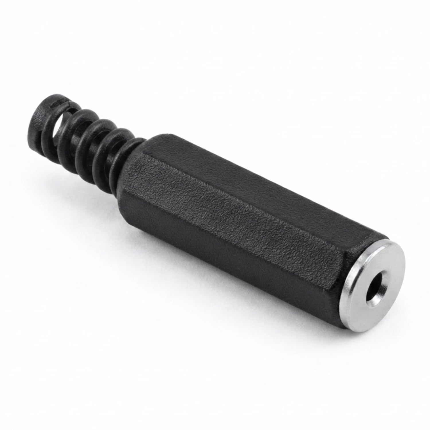 Presa jack audio mono 2.5mm femmina volante con corpo in metallo e plastica e guidacavo a molla integrato, ideale per la riparazione di cavi audio e microfoni.