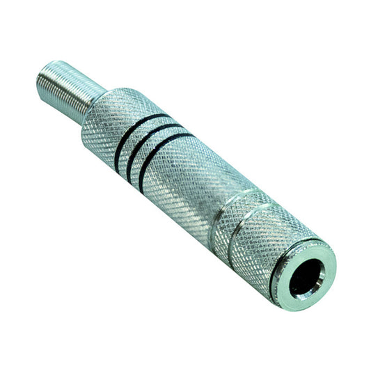 Presa jack audio mono 6.3mm femmina volante con corpo metallico zigrinato, finitura cromata e guidacavo a molla integrato, ideale per cavi per strumenti musicali e microfoni.