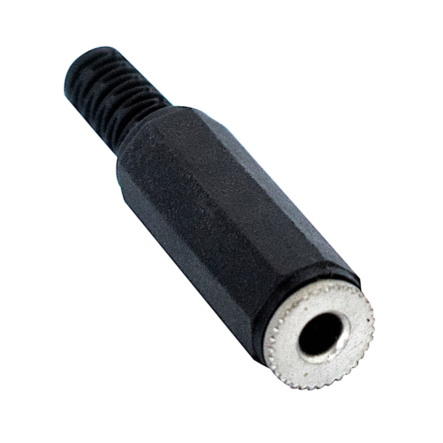 Presa jack audio stereo 3.5mm femmina volante con corpo in metallo e plastica e guidacavo integrato, ideale per la riparazione di cuffie e cavi audio.