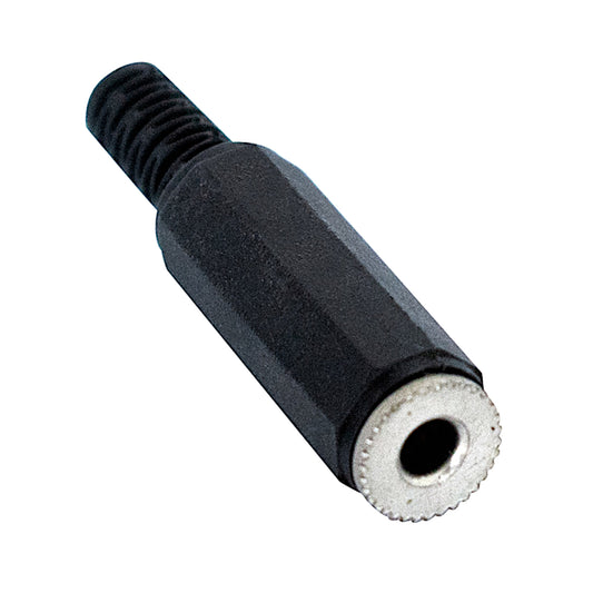 Presa jack audio stereo 3.5mm femmina volante con corpo in metallo e plastica e guidacavo integrato, ideale per la riparazione di cuffie e cavi audio.