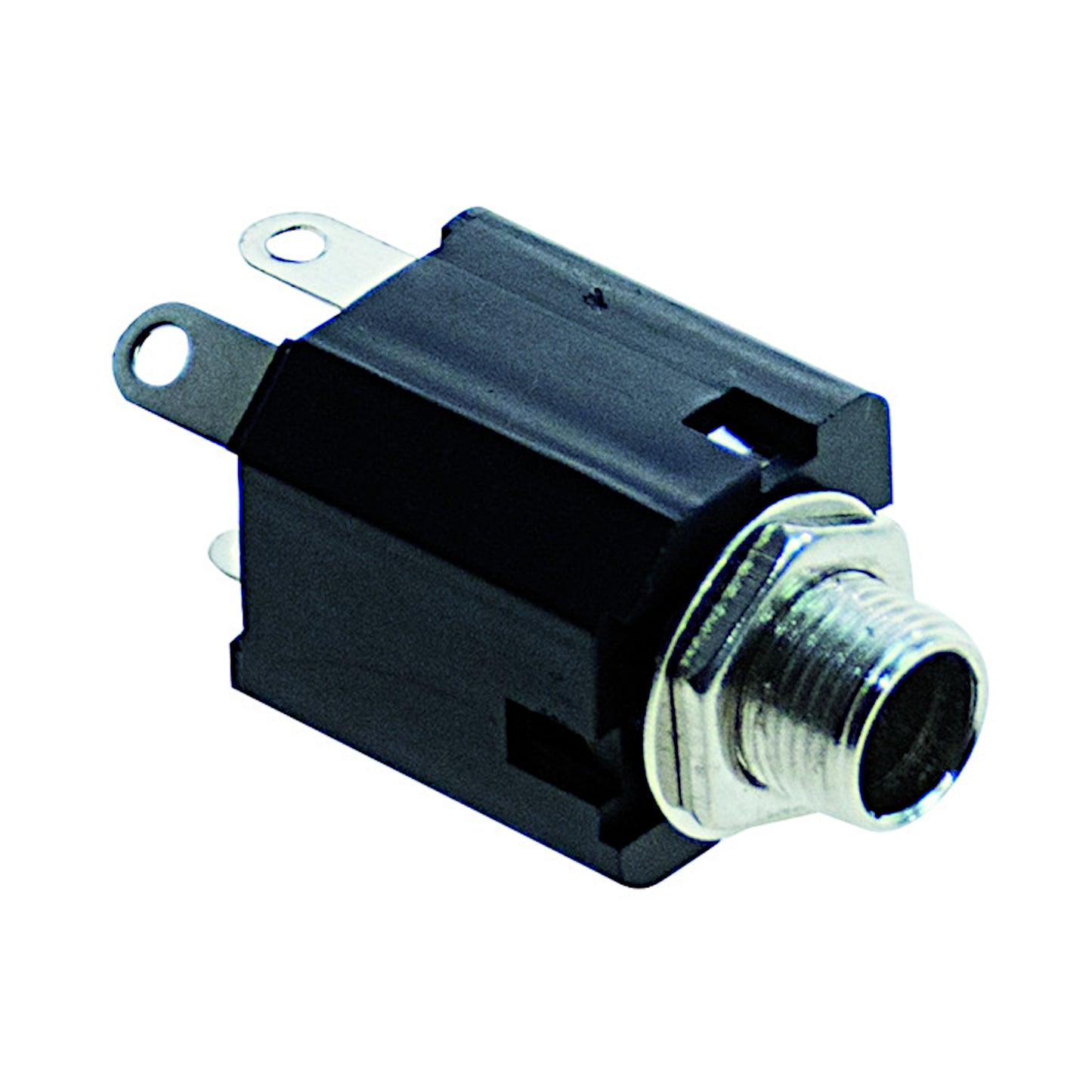 Presa jack audio stereo 6.3mm femmina da pannello con interruttore NC integrato e terminali a saldare, ideale per amplificatori, mixer e apparecchiature audio.