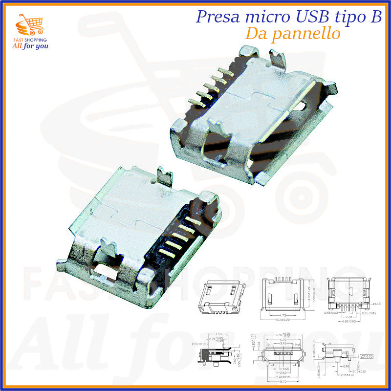 Presa Micro USB Tipo B femmina per montaggio a pannello, con terminali per saldatura su circuito stampato, mostrata con schema dimensionale.