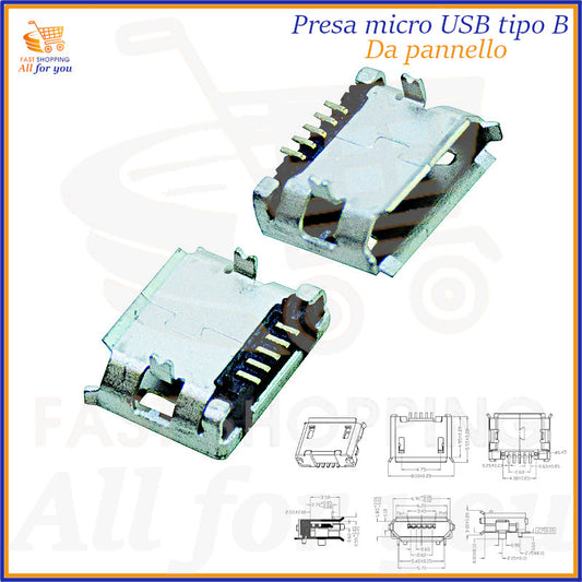 Presa Micro USB Tipo B femmina per montaggio a pannello, con terminali per saldatura su circuito stampato, mostrata con schema dimensionale.