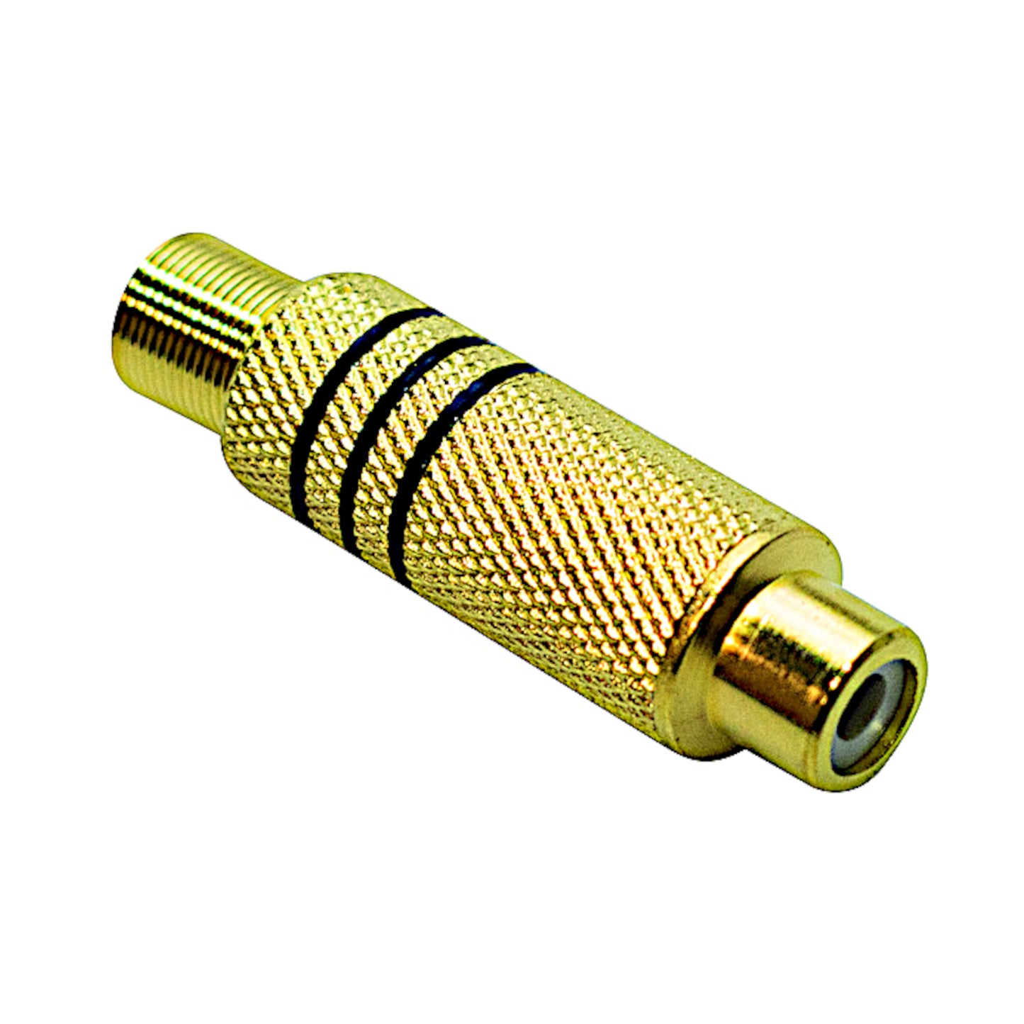 Presa RCA femmina volante nera con corpo metallico dorato, anelli di identificazione neri e guidacavo integrato da 7mm, ideale per cavi audio e video hi-fi.