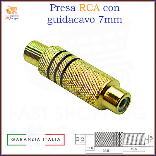 Presa RCA audio/video femmina volante nera con corpo in ottone dorato, contatti gold e guidacavo per cavi da 7mm.