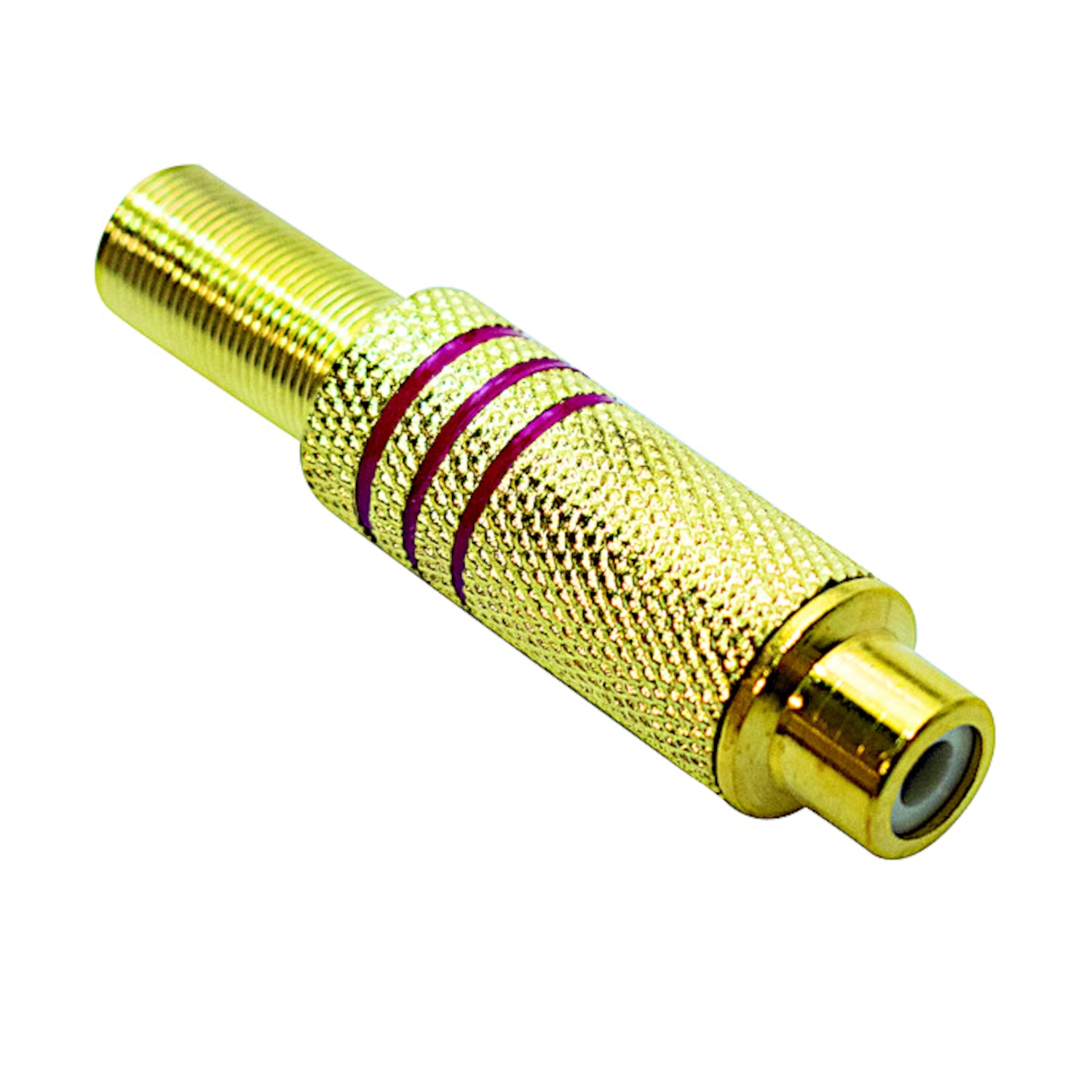 Presa RCA femmina volante rossa con corpo metallico dorato, anelli colorati e guidacavo integrato da 7mm, ideale per cavi audio e video hi-fi.