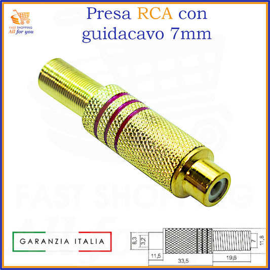 Presa RCA audio/video femmina volante rossa con corpo in ottone dorato, contatti gold e guidacavo per cavi da 7mm.