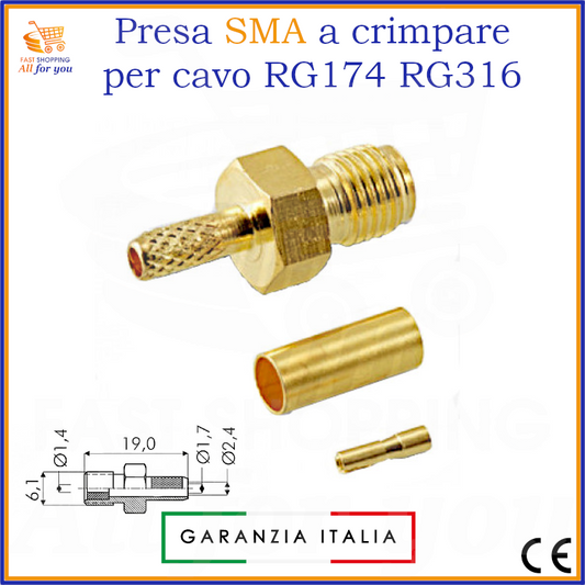 Presa SMA femmina in ottone placcato oro per cavi RG174 e RG316, con componenti per assemblaggio a crimpare o saldare. Include disegno tecnico con dimensioni.