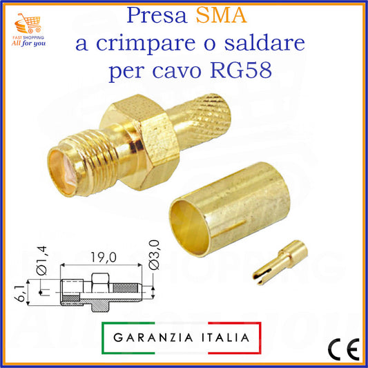 Presa SMA femmina in ottone placcato oro per cavo RG58, con componenti per assemblaggio a crimpare o saldare. Include disegno tecnico con dimensioni.
