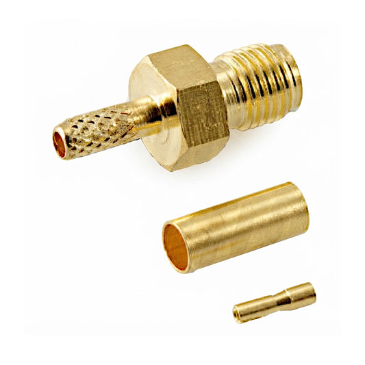 Presa SMA femmina a crimpare e saldare in ottone placcato oro per cavi coassiali RG174 e RG316, ideale per applicazioni RF e Wi-Fi.