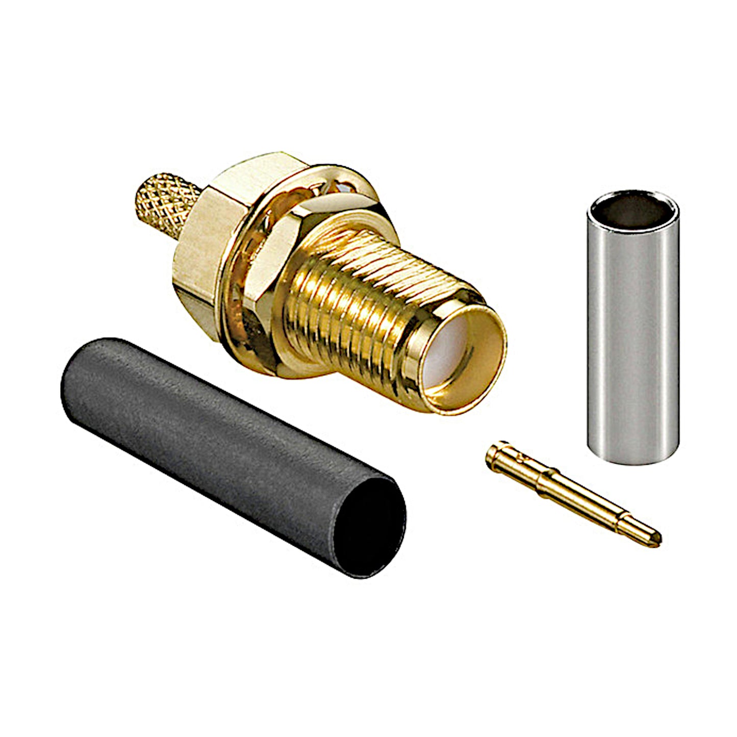 Presa SMA reverse femmina dorata a crimpare con componenti per cavo coassiale RG174, ideale per antenne Wi-Fi, router e dispositivi wireless.