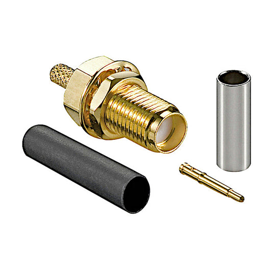 Presa SMA reverse femmina dorata a crimpare con componenti per cavo coassiale RG174, ideale per antenne Wi-Fi, router e dispositivi wireless.
