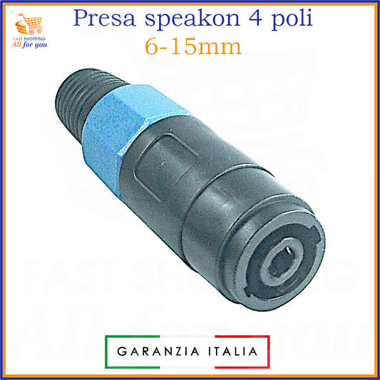 Presa Speakon femmina a 4 poli per cavi da 6-15mm, mostrata con guidacavo blu e corpo nero, pronta per l'assemblaggio.