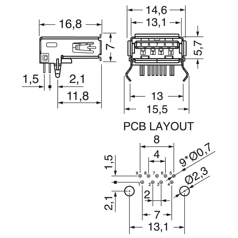 Layout PCB e dimensioni presa USB A