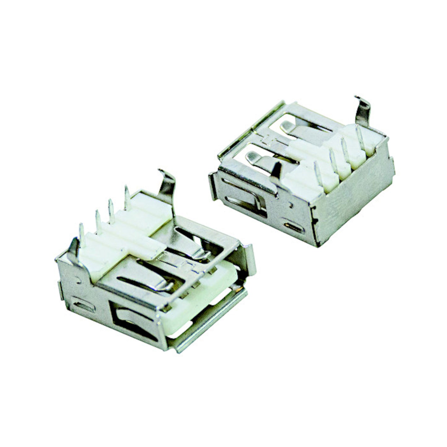 Presa USB Tipo A femmina da pannello con terminali a 90° per circuito stampato PCB, ideale per riparazioni e installazioni salvaspazio su dispositivi elettronici.