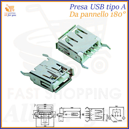 Presa USB Tipo A femmina per montaggio a pannello, con terminali dritti a 180 gradi per circuito stampato, mostrata con schema dimensionale.
