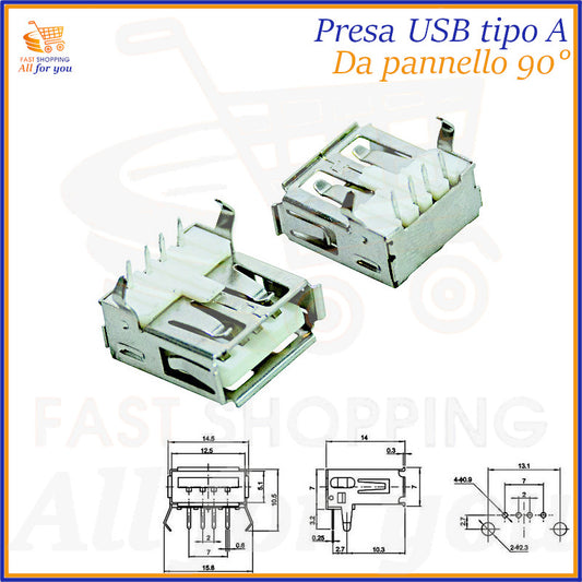 Presa USB Tipo A femmina per montaggio a pannello, con terminali ad angolo di 90 gradi per circuito stampato, mostrata con dimensioni per l'installazione.