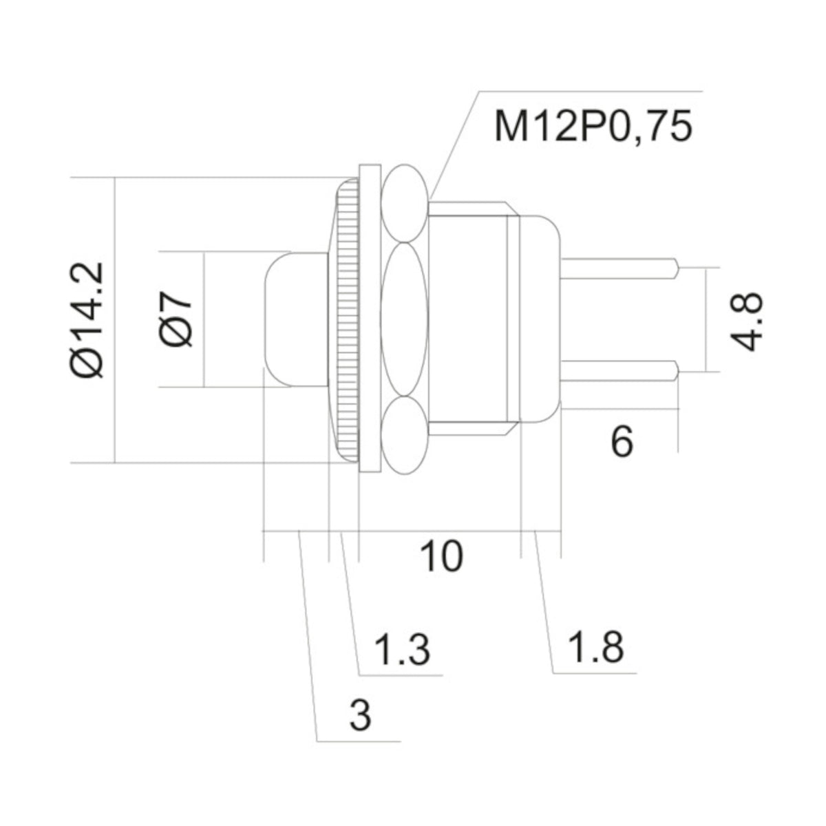 Disegno tecnico con quote dimensionali del pulsante a bottone nero da pannello M12P0,75 con terminali a saldare