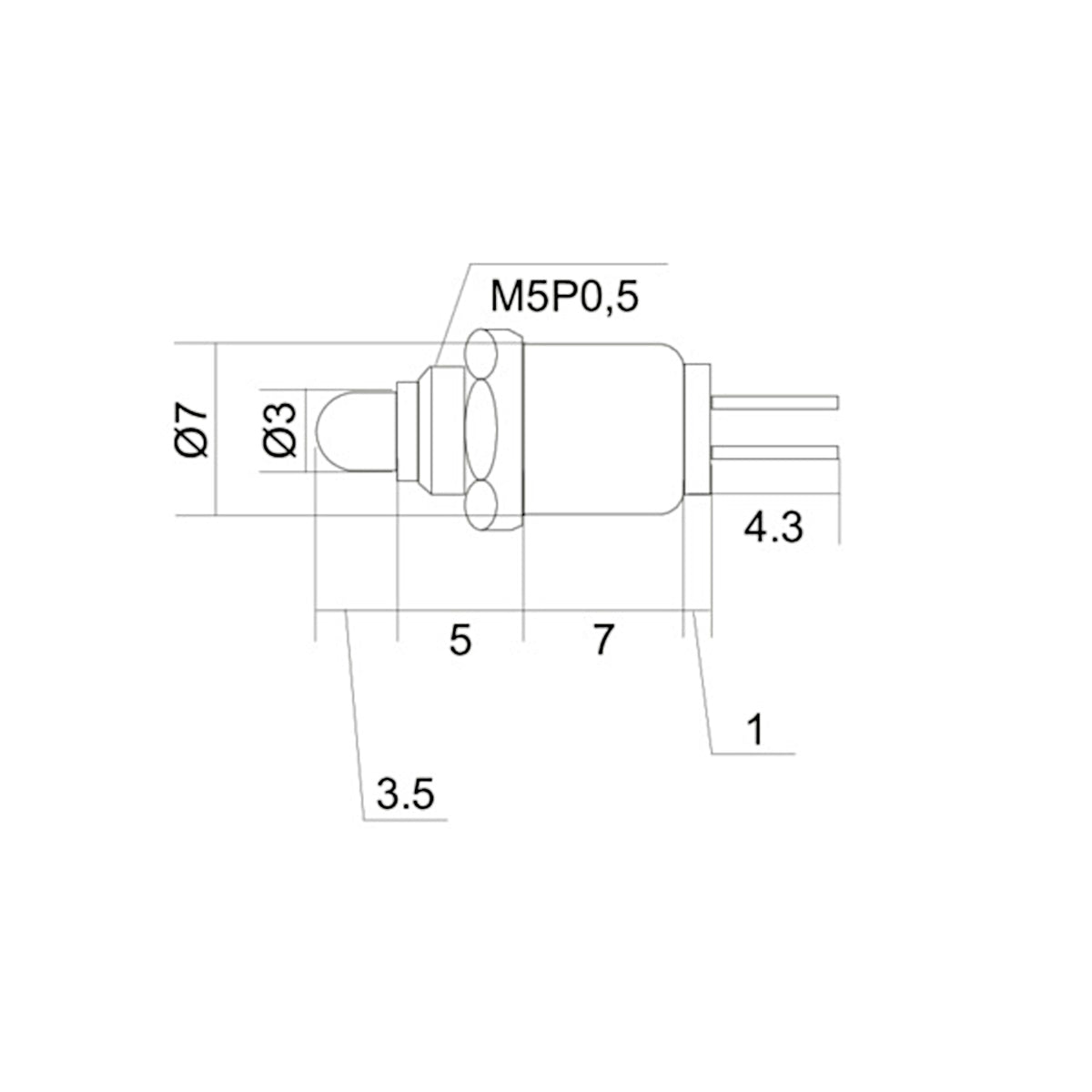 Disegno tecnico con quote dimensionali del pulsante a bottone nero da pannello M5P0,5 con terminali a saldare