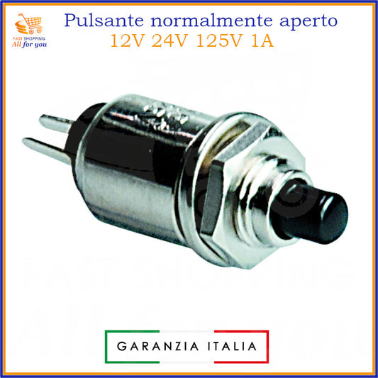 Pulsante nero normalmente aperto (NA) momentaneo, 1A 125Vac, per circuito stampato (PCB). Compatibile 12V, 24V.