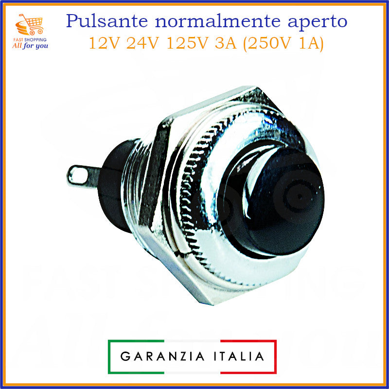 Pulsante nero normalmente aperto (NA) momentaneo con attacco a saldare. Portata 3A 125Vac (1A 250Vac). Compatibile 12V, 24V, 220V.