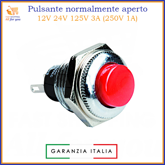Pulsante rosso normalmente aperto (NA) momentaneo con attacco a saldare. Portata 3A 125Vac (1A 250Vac). Compatibile 12V, 24V, 220V.
