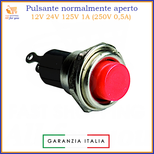 Pulsante rosso momentaneo normalmente aperto (NA) da pannello con finitura cromata e tasto rosso.