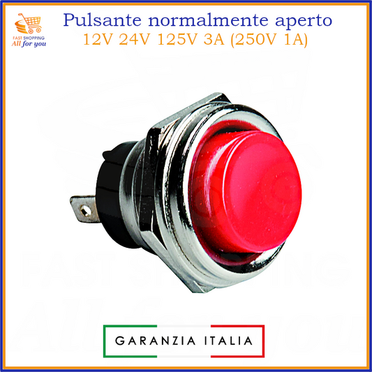 Pulsante rosso momentaneo normalmente aperto (NA) con finitura cromata, portata 3A 125V, 1A 250V.