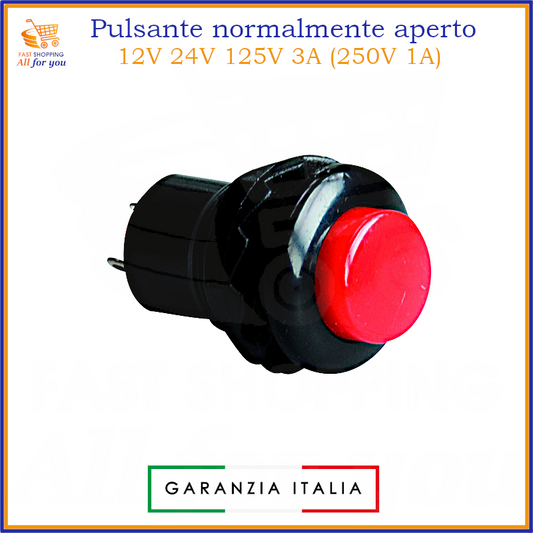 Pulsante rosso momentaneo normalmente aperto (NA) in PVC, corpo nero, portata 3A 125V, 1A 250V.